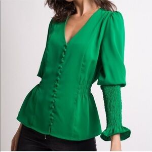 Alpha Omega top blouse green high shoulder button down Rouched size small